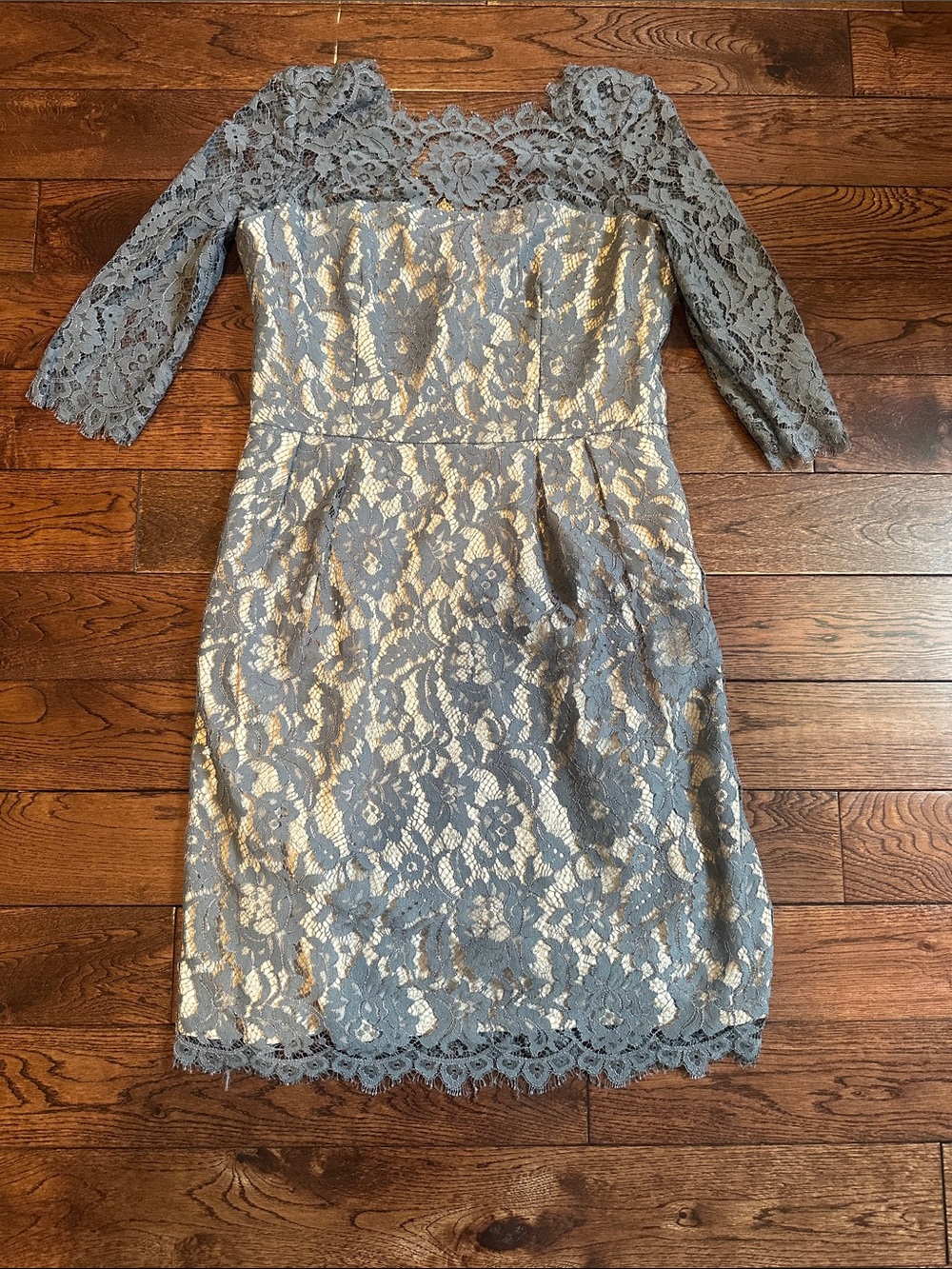 Milly Gray Lace 3/4-Sleeve Dress with Beige Underlay